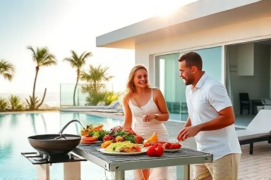 Couple enjoying a daytime barbecue at a stylish pool villa.