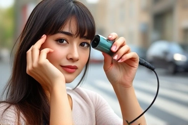 Woman using portable hair curler for quick bangs styling