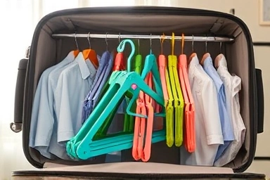 Organized suitcase with folding hangers and neat clothes.