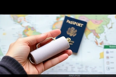 Hand holding a portable folding hanger for travel.