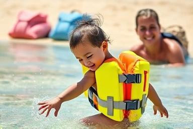 Child enjoying water with portable life jacket, safe and happy
