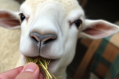 Close-up of a sheep eating hay at Pyeongchang Sheep Ranch
