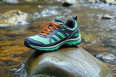 Durable aqua shoes on a wet river rock near a stream.