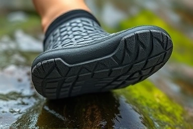 Aqua shoe sole with grip pattern on wet, mossy rock.