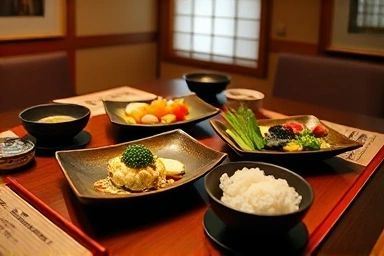 Exquisite Japanese Kaiseki meal presentation in a tranquil ryokan setting.