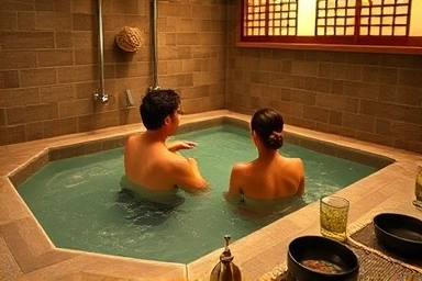 Couple enjoying private onsen and Kaiseki dinner at a luxury Japanese ryokan.