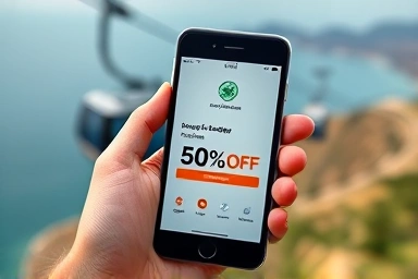 Smartphone showing cable car discount coupon, coastal background