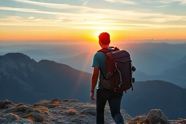 Lightweight backpacker on scenic mountain trail at sunset.