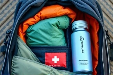 Essential lightweight travel gear neatly organized in a backpack.