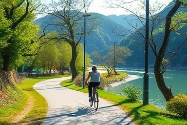 Scenic Seomjin River bike path with mountains and cyclist.