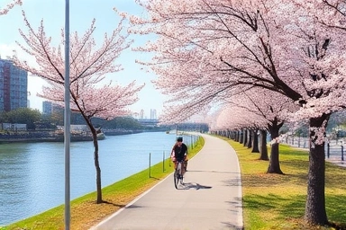 Springtime Seomjin River bike path with cherry blossoms.