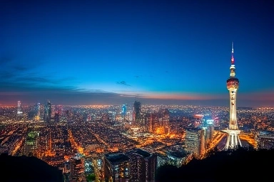 Seoul night skyline with landmarks and city lights.