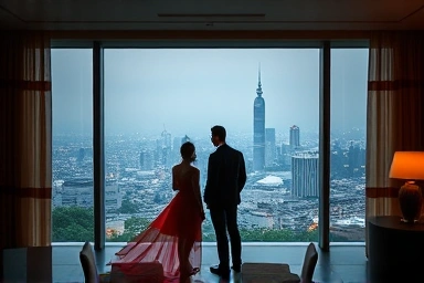 Luxury hotel room with Seoul night view, romantic atmosphere.