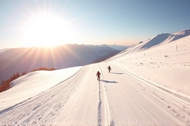 Snowy ski slope with skiers and mountains