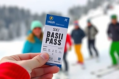 Hand holding ski pass at winter resort