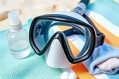 Snorkel mask, anti-fog spray, and cleaning cloth on beach.