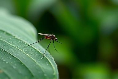 Mosquito near a tropical leaf, symbolizing nature and protection.