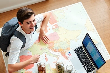 Student planning budget Europe backpacking trip with savings.
