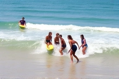 People learning to surf on a sunny beach with instructor.
