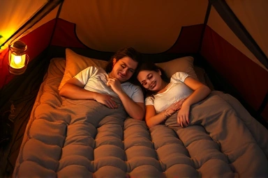 Couple sleeping on thick 2-person self-inflating mat in tent.