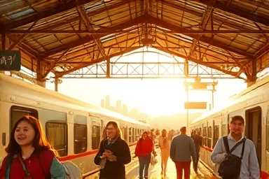 People of all ages boarding a train, symbolizing freedom in travel.