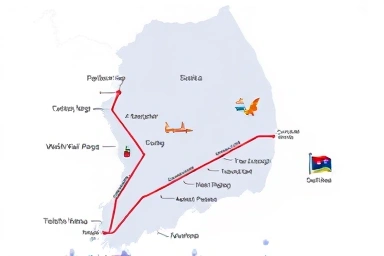 Map of South Korea with highlighted train routes and travel icons.