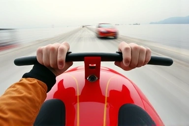 Exciting luge ride experience with Tongyeong sea in background.