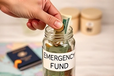 Travel emergency fund preparation with coins and banknotes.