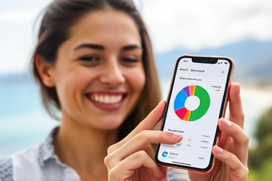Travel expense app on smartphone with scenic background