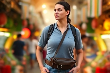 Traveler using pickpocket prevention items for safety.