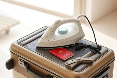 Compact travel steam iron in a packed suitcase.