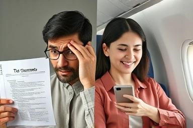 Stress of travel taxes contrasted with easy mobile reporting.