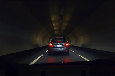 Dangerous tunnel lane change, high risk driving.