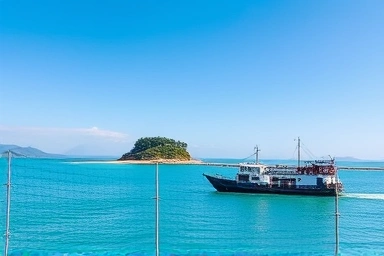 Scenic view of Udo Island with a ferry boat.