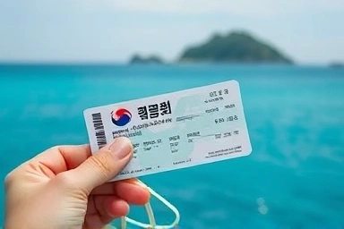 Hand holding Udo ferry ticket with island in background.