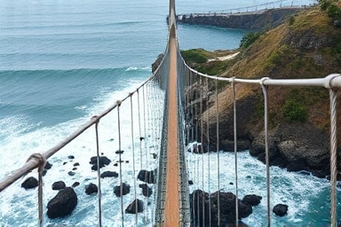 Close-up of Daewangam Suspension Bridge and rocky coastline