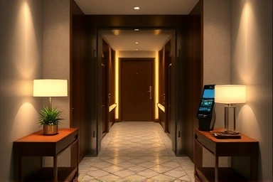 Modern private motel room entrance with digital check-in.