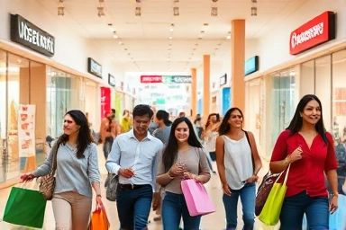 Shoppers enjoying a day at a sunny American outlet mall.