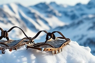 Winter hiking crampons on snowy mountain trail