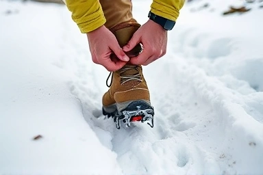 Hiker attaching crampons to winter boots