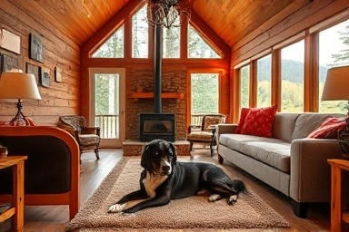 Cozy interior of a pet-friendly cabin, dog relaxing indoors.
