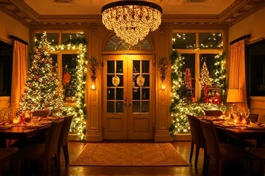 Cozy and decorated party room ambiance with fairy lights.