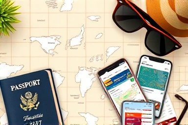 Travel essentials laid out for booking hotel deals.