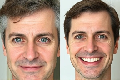 Before and after comparison of men's nasolabial fold improvement.