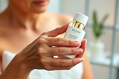 Mature woman's hand holding luxury skincare bottle.