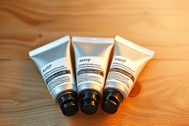 Elegant Aesop hand cream tubes on wood surface