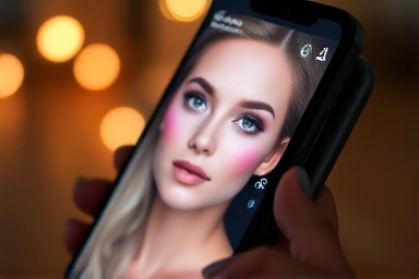 Smartphone screen with AI makeup filter, digital beauty transformation