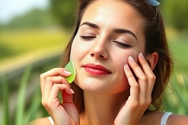 Woman applying soothing aloe vera gel to sun-kissed skin.