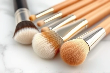 Elegant makeup brushes on marble surface, soft lighting.