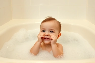 Happy baby enjoying a bubbly bath with safe ingredients.